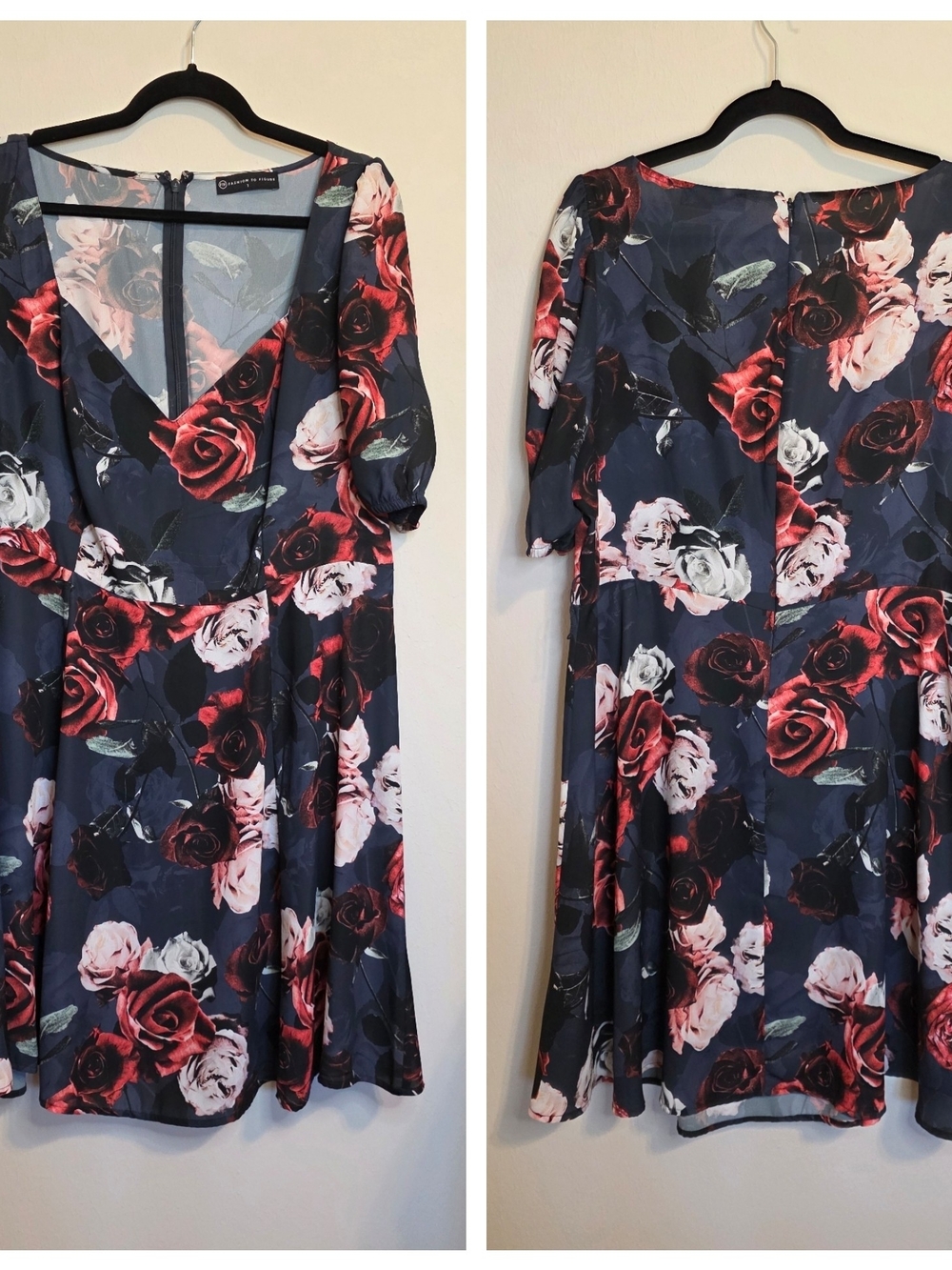 Fashion to Figure Navy Floral Fit & Flare Midi Dress with Red & Pink Roses